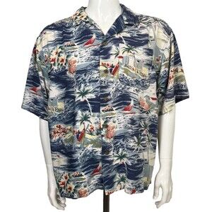 Vintage Hawaiian Shirt Large Tropical Palm Sailboat Surfboards Blue High Sierra